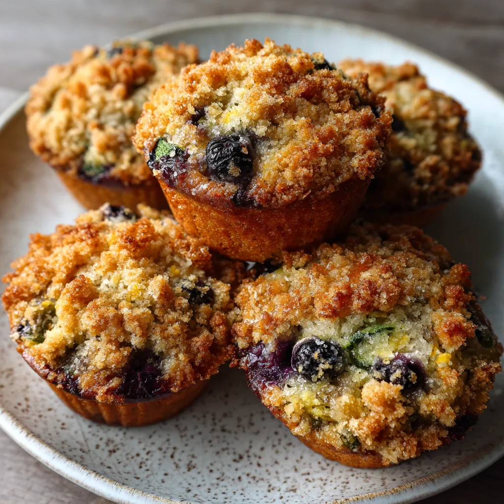 Moist Blueberry Lemon Zucchini Muffins with Streusel Topping