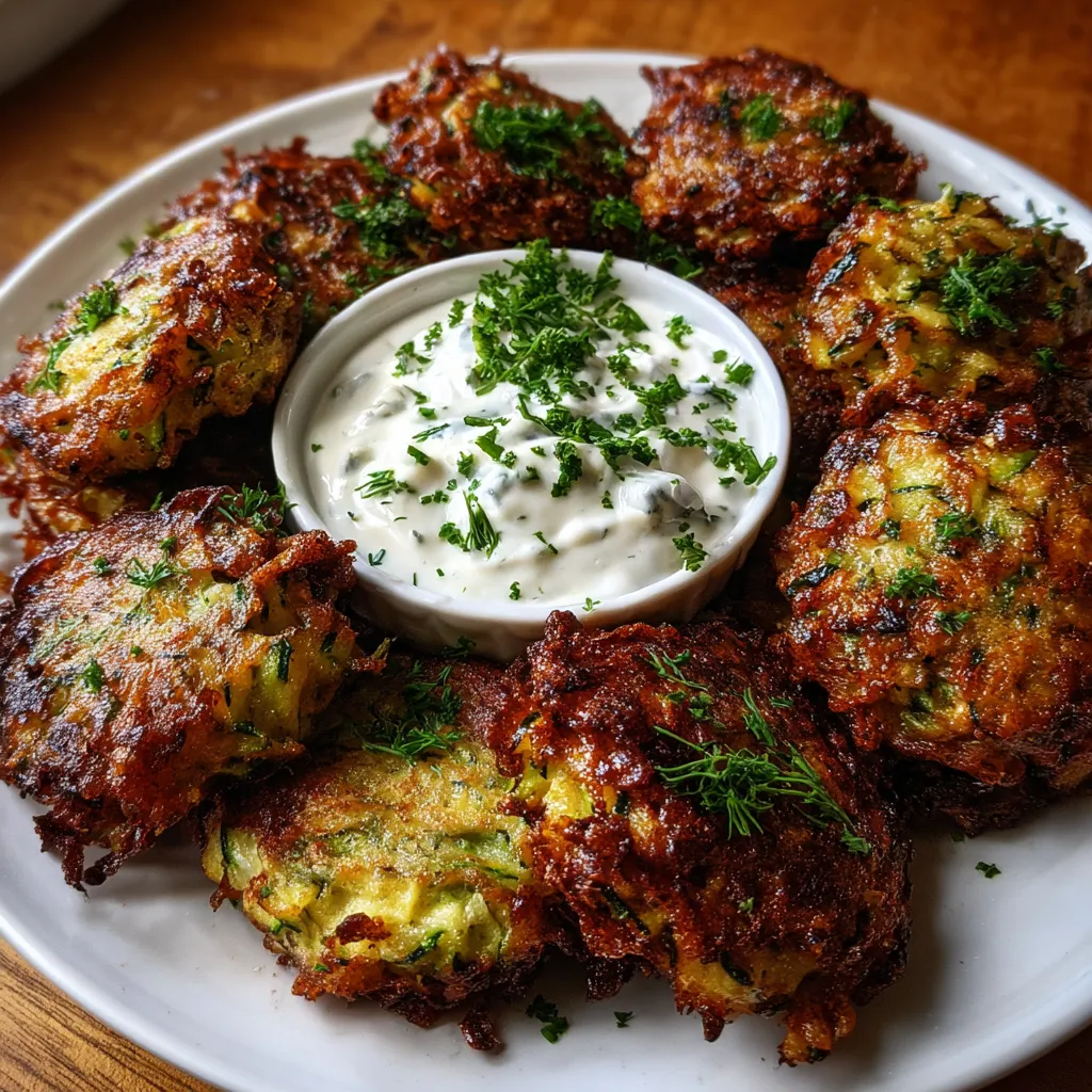 Crispy Zucchini Fritters with Creamy Garlic Herb Yogurt Dip