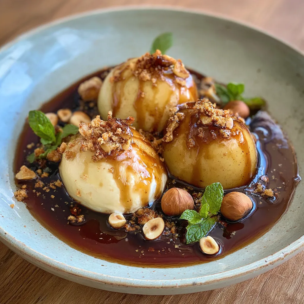 Cider-Poached Apples With Toffee Sauce And Candied Hazelnuts