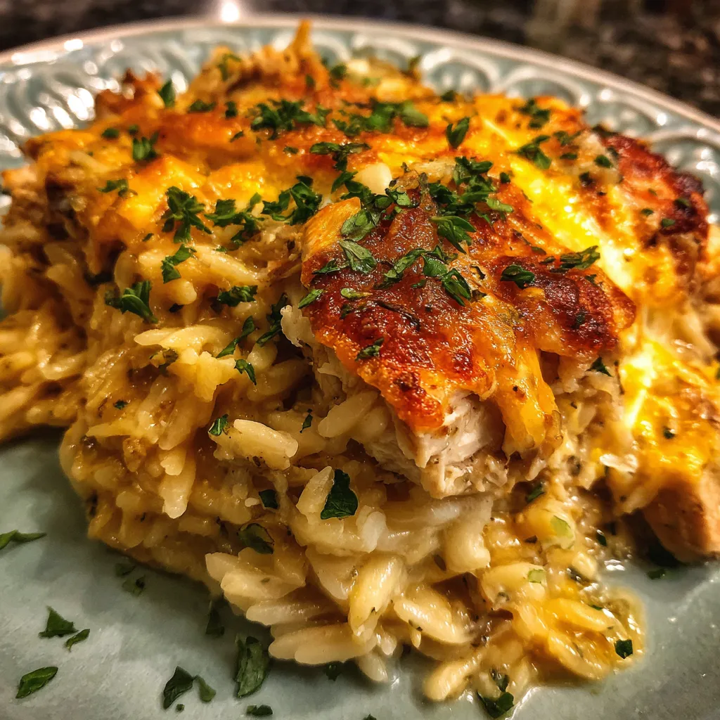French Onion Chicken Orzo Bake
